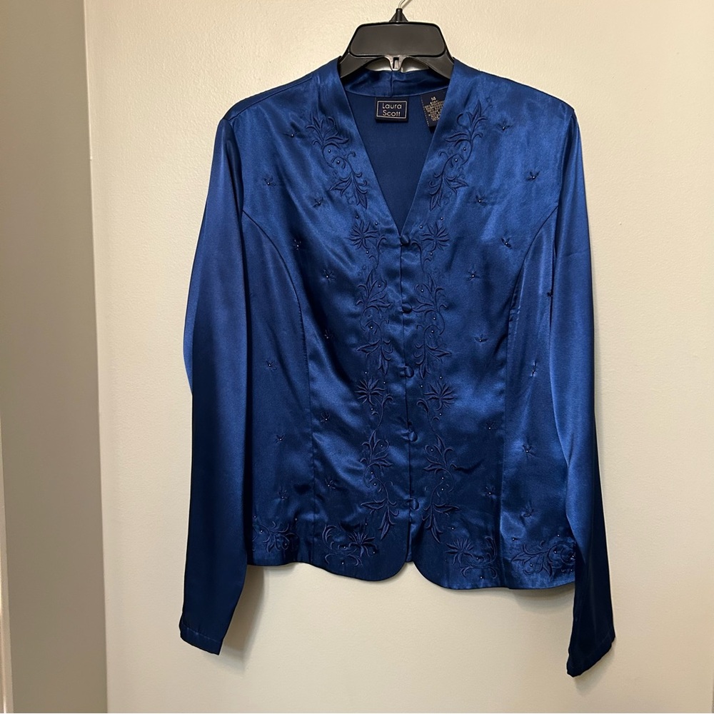 LAURA SCOTT Satin Long Sleeve Blouse Top w/ Embroidery‎ & Beading Sz 14 Blue